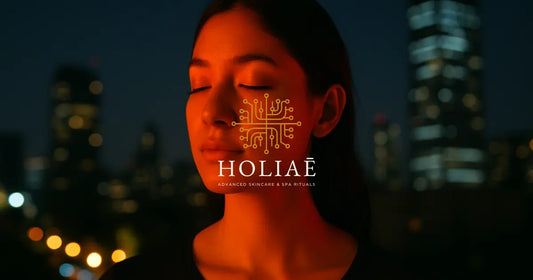 Jeune femme dans une ambiance urbaine tamisée, recevant une lumière rouge douce évoquant les bienfaits réparateurs de la LED pour les peaux exposées à la pollution lumineuse.
