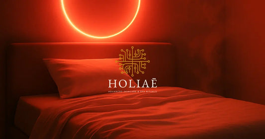 Lit baigné de lumière rouge chaude dans une chambre apaisante, illustrant les bienfaits de la lumière LED sur le sommeil et la régénération cutanée.