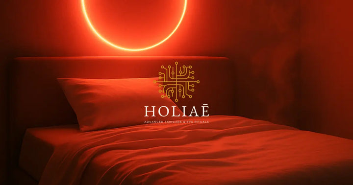 Lit baigné de lumière rouge chaude dans une chambre apaisante, illustrant les bienfaits de la lumière LED sur le sommeil et la régénération cutanée.