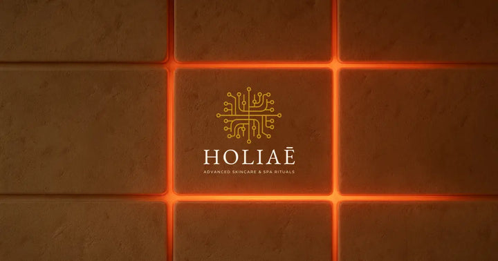 Mur en pierre texturée beige illuminé par une lumière LED rouge courbe, évoquant la stabilité, la sécurité et l’univers tech-luxe de Holiaē.