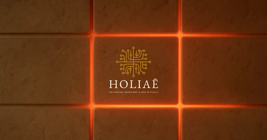 Mur en pierre texturée beige illuminé par une lumière LED rouge courbe, évoquant la stabilité, la sécurité et l’univers tech-luxe de Holiaē.