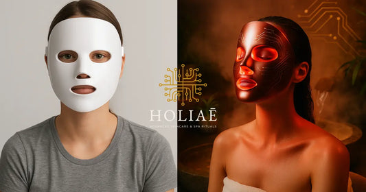 Comparatif visuel entre deux femmes portant un masque LED : à gauche un masque entrée de gamme blanc dans un décor neutre, à droite un masque pro Holiaē dans une ambiance luxe avec vapeur, lumière golden, circuit imprimé doré et plantes tropicales.