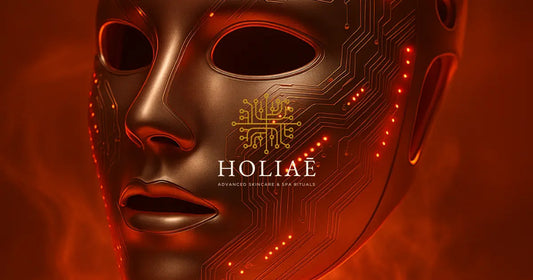 Masque LED futuriste Holiaē flottant dans une brume rouge-dorée, avec circuits imprimés dorés illuminés et lumière rouge s’échappant subtilement en fond spa-tech luxe.