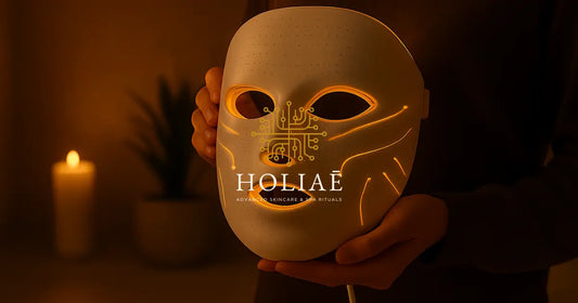Masque LED RE:GEN I tenu à la main, design technologique doré en lumière tamisée avec bougie et ambiance spa.