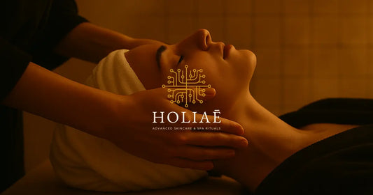 Femme allongée recevant un massage facial relaxant dans un spa, lumière chaude et ambiance bien-être.