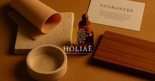 Flatlay de matériaux nobles comme la pierre, le verre et le silicone, avec une fiche de garantie floutée dans une lumière chaude et apaisante