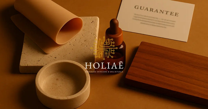 Flatlay de matériaux nobles comme la pierre, le verre et le silicone, avec une fiche de garantie floutée dans une lumière chaude et apaisante
