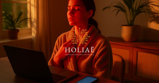 Femme méditant dans une lumière LED rouge au coucher du soleil, ambiance spa apaisante.