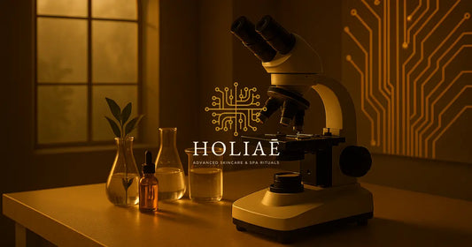 Microscope de laboratoire posé sur un comptoir beige, entouré de flacons et plantes, dans une lumière dorée chaleureuse évoquant la science douce
