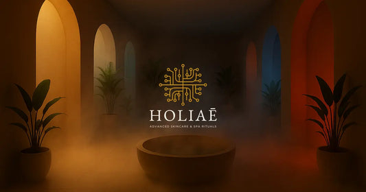 Spa lumineux avec couloir en pierre texturée, lumière évolutive du jour à la nuit, plantes et vapeur douce évoquant les moments idéaux pour la LED