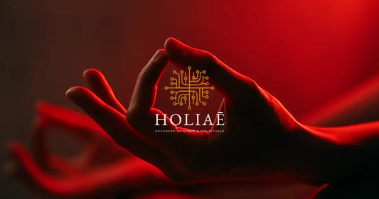 Mains en mudra sous lumière rouge, symbole d’énergie et de soin