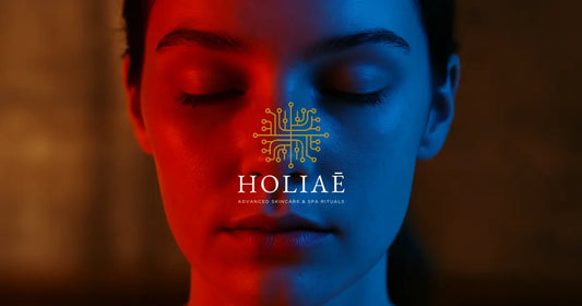 Visage de femme éclairé à moitié par une lumière LED rouge et à moitié par une lumière LED bleue, représentant une peau mixte en ambiance spa Holiaē.