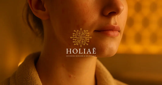 Gros plan horizontal sur le bas du visage d’une femme, peau naturelle avec quelques irrégularités légères, éclairée par une lumière chaude et douce, ambiance spa.