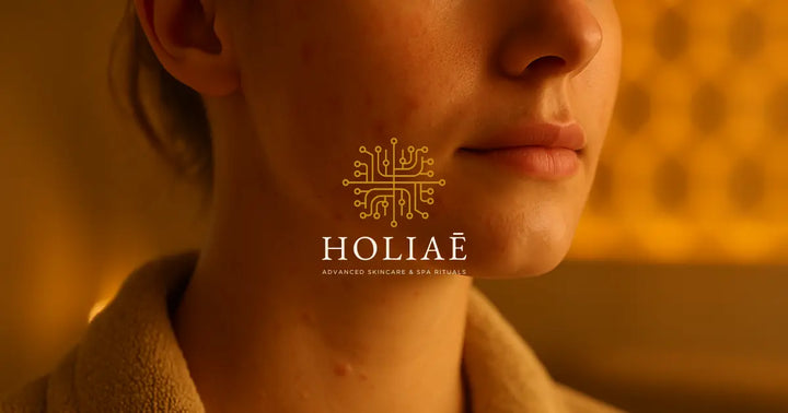 Gros plan horizontal sur le bas du visage d’une femme, peau naturelle avec quelques irrégularités légères, éclairée par une lumière chaude et douce, ambiance spa.
