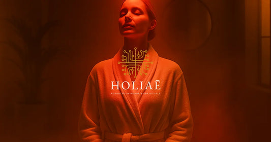 Femme en peignoir dans un spa Holiaē, régénérée sous un halo de lumière LED rouge descendant du plafond, dans une ambiance vapeur douce et sensorielle.