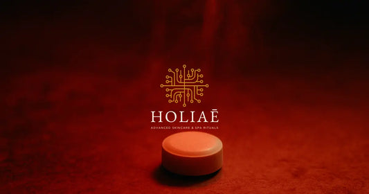 Pilule blanche éclairée par lumière LED rouge dans une atmosphère vaporeuse, ambiance spa tech-luxe.
