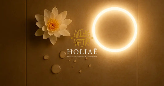 Vue zénithale d’un plateau spa minimaliste avec une fleur blanche, des gouttes d’eau et une lumière LED circulaire douce, dans une ambiance clean et sensorielle.