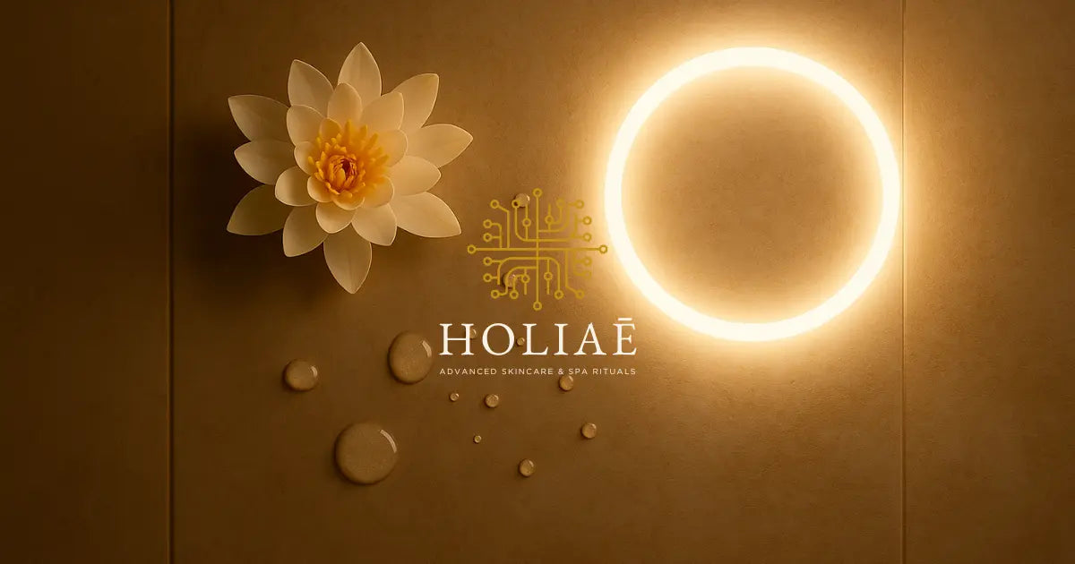 Vue zénithale d’un plateau spa minimaliste avec une fleur blanche, des gouttes d’eau et une lumière LED circulaire douce, dans une ambiance clean et sensorielle.