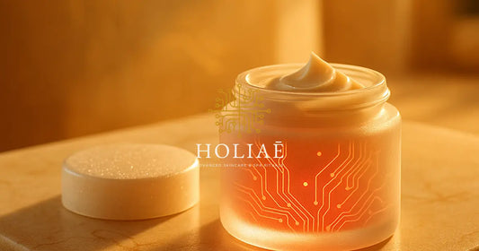 Un pot givré haut de gamme posé sur une surface en pierre claire, baigné de lumière dorée douce, dans une ambiance spa luxueuse évoquant la technologie LED et les soins skincare.