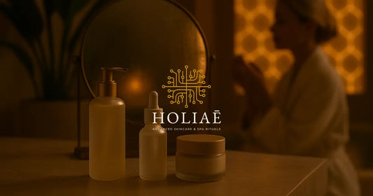 Produits de soin posés sur une table en pierre dans un spa, avec lumière chaude et silhouette floutée en arrière-plan