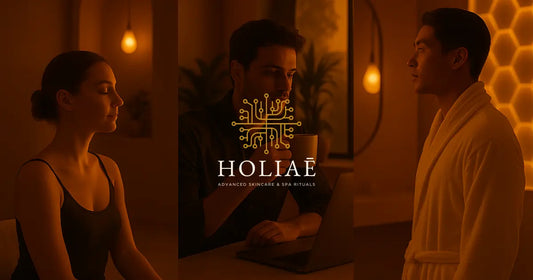 Trois silhouettes dans une ambiance spa premium, représentant trois profils clients du masque LED RE:GEN I : peau sensible, entrepreneur pressé et homme moderne