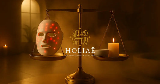Comparaison visuelle entre un masque LED RE:GEN I et une cabine d’institut dans un cadre spa doré, ambiance tech-luxe.