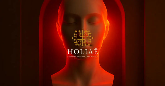Buste féminin en marbre éclairé par une lumière rouge et dorée, illustrant la régénération cellulaire via la technologie LED.
