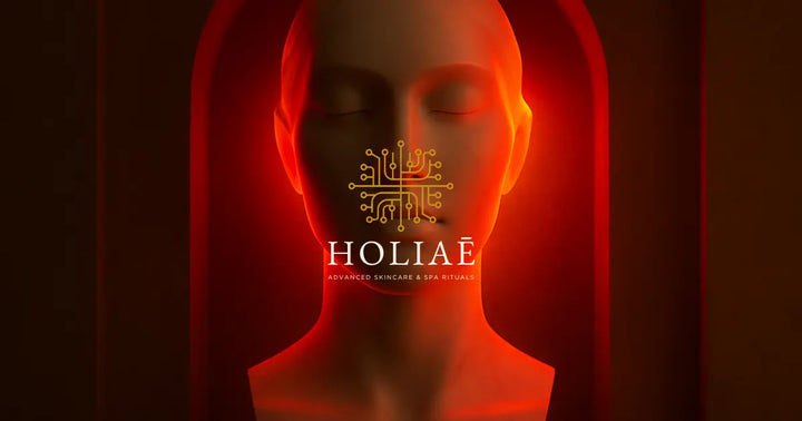 Buste féminin en marbre éclairé par une lumière rouge et dorée, illustrant la régénération cellulaire via la technologie LED.