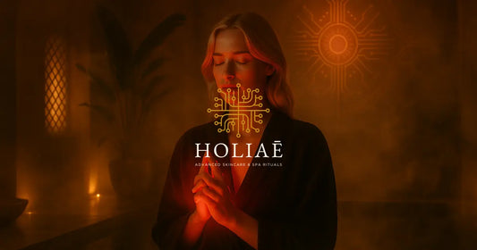 Femme en peignoir dans un spa luxe, lumière LED rouge, ambiance vapeur mystique Holiaē