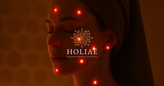 Projection de points lumineux rouges sur les zones clés du visage féminin : front, nez, menton, tempes – illustrant la répartition LED du masque RE:GEN I