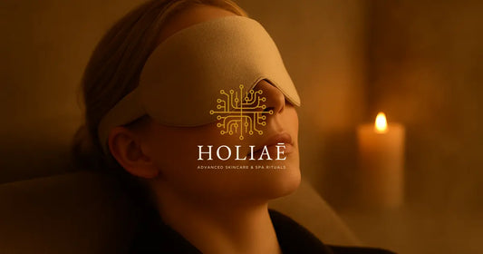 Gros plan d’une femme aux yeux fermés, allongée dans un spa, portant un masque de repos en tissu, lumière chaude et ambiance relaxante.