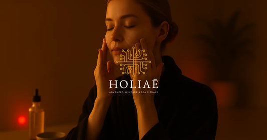 Femme en peignoir noir appliquant un baume démaquillant sur son visage dans une ambiance spa Holiaē, avec lumière LED rouge en arrière-plan.