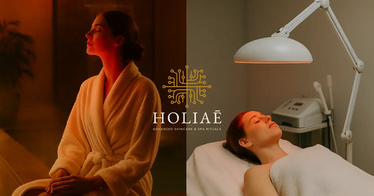 Comparatif visuel entre un rituel LED à domicile Holiaē et un soin LED en institut. Ambiance spa premium à gauche, ambiance clinique à droite.