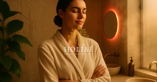 Femme en peignoir debout dans une salle de bain spa Holiaē, baignée de lumière dorée matinale, mur texturé, halo LED rouge en fond, ambiance vapeur et sérénité.