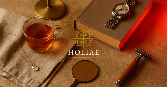 Vue flatlay élégante d’objets de soin homme et femme sur pierre texturée, ambiance spa chaude et lumière LED rouge rasante.