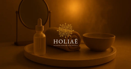 Plateau spa avec sérum, serviette roulée, bol de vapeur et miroir, lumière chaude dorée