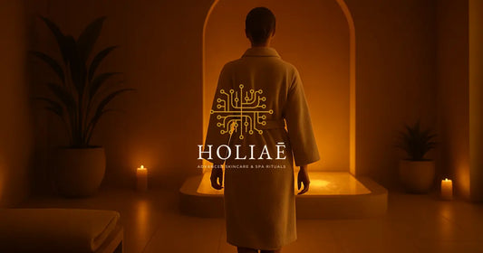 Femme en peignoir entrant dans un spa luxueux, lumière chaude et ambiance relaxante avant un rituel LED skincare