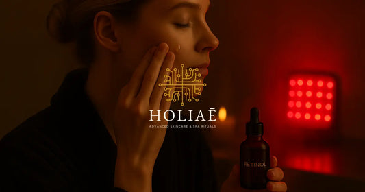 Femme appliquant un sérum au rétinol sur sa joue dans une ambiance spa nocturne Holiaē, avec LED rouge diffuse en arrière-plan et flacon de rétinol au premier plan.