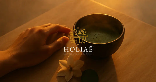 Plateau spa zen en bois clair avec main posée près d’un bol de thé matcha, éclairé par une lumière dorée rasante, fleur blanche et vapeur douce — ambiance luxe spa Holiaē.