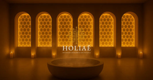 Espace spa doré avec 6 arches lumineuses et vapeur, illustrant les 6 rituels LED RE:GEN I