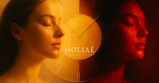 Portrait diptyque artistique représentant deux femmes : l'une dans une lumière golden douce du matin, l'autre dans une lumière rouge tamisée du soir, symbolisant la routine LED matin/soir.