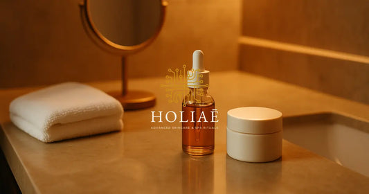 Routine skincare minimaliste avec sérum, crème et serviette dans une salle de bain spa haut de gamme Holiaē
