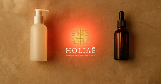 Flatlay minimaliste avec serviette roulée, miroir, crème, flacon spray et lumière chaude, illustrant une routine skincare minimaliste inspirée de l’univers Holiaē.