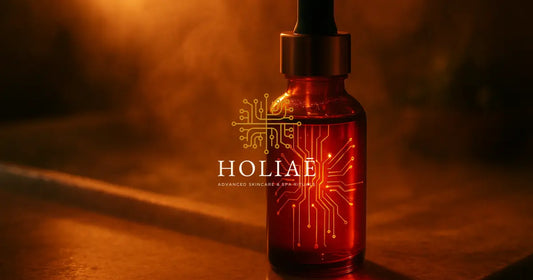 Sérum rouge translucide dans un flacon en verre ambré, éclairé par une lumière dorée, avec des motifs de circuits imprimés visibles à l’intérieur du liquide, sur fond de vapeur chaude.