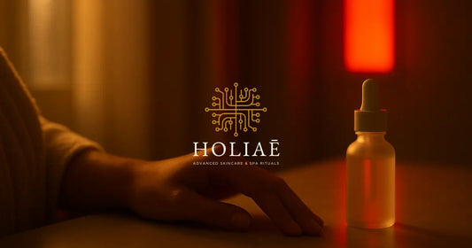 Main féminine reposant près d’un flacon de sérum dans une lumière LED rouge douce, évoquant un moment de soin post-LED dans une ambiance sensorielle.