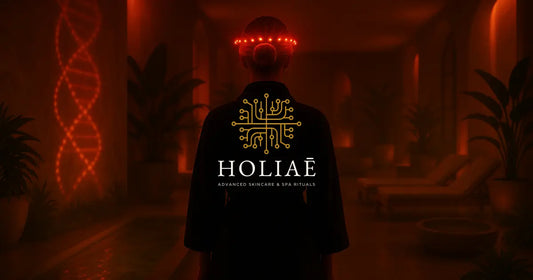 Silhouette féminine de dos en peignoir noir, dans un spa futuriste Holiaē avec vapeur, plantes, bassins et lumière LED rouge en couronne.