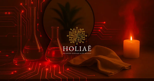 Scène spa futuriste avec éléments skincare, circuits imprimés, lumière LED rouge et ambiance sensorielle tech-luxe Holiaē.