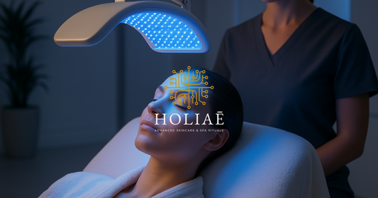Thérapie LED bleue visage avec praticienne en blouse dans un cadre médicalisé, ambiance clinique douce.