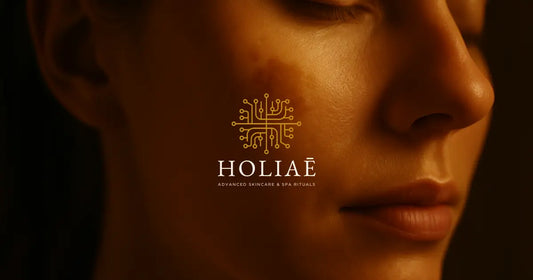 Halo de lumière dorée ciblée sur une peau floutée, évoquant un soin LED anti-taches localisé.