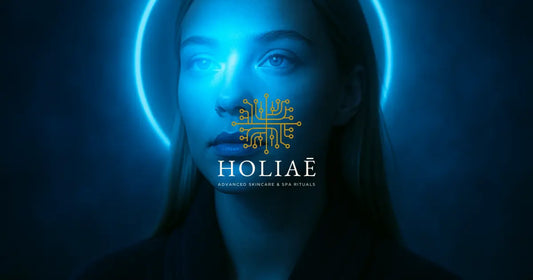 Jeune femme en peignoir noir dans une ambiance spa futuriste, éclairée par un halo bleu 415 nm doux sur le visage, symbolisant un soin LED apaisant.